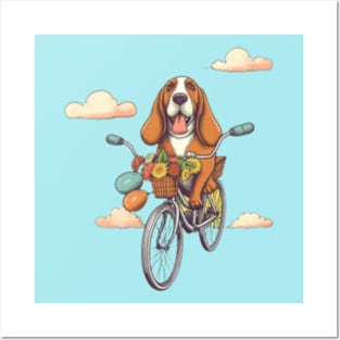 Cute cartoon dog basset hound bicycling Posters and Art